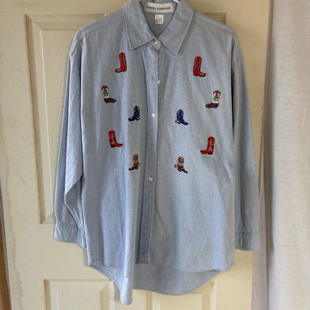 Casey Coleman Blouse with western boots appliqués.